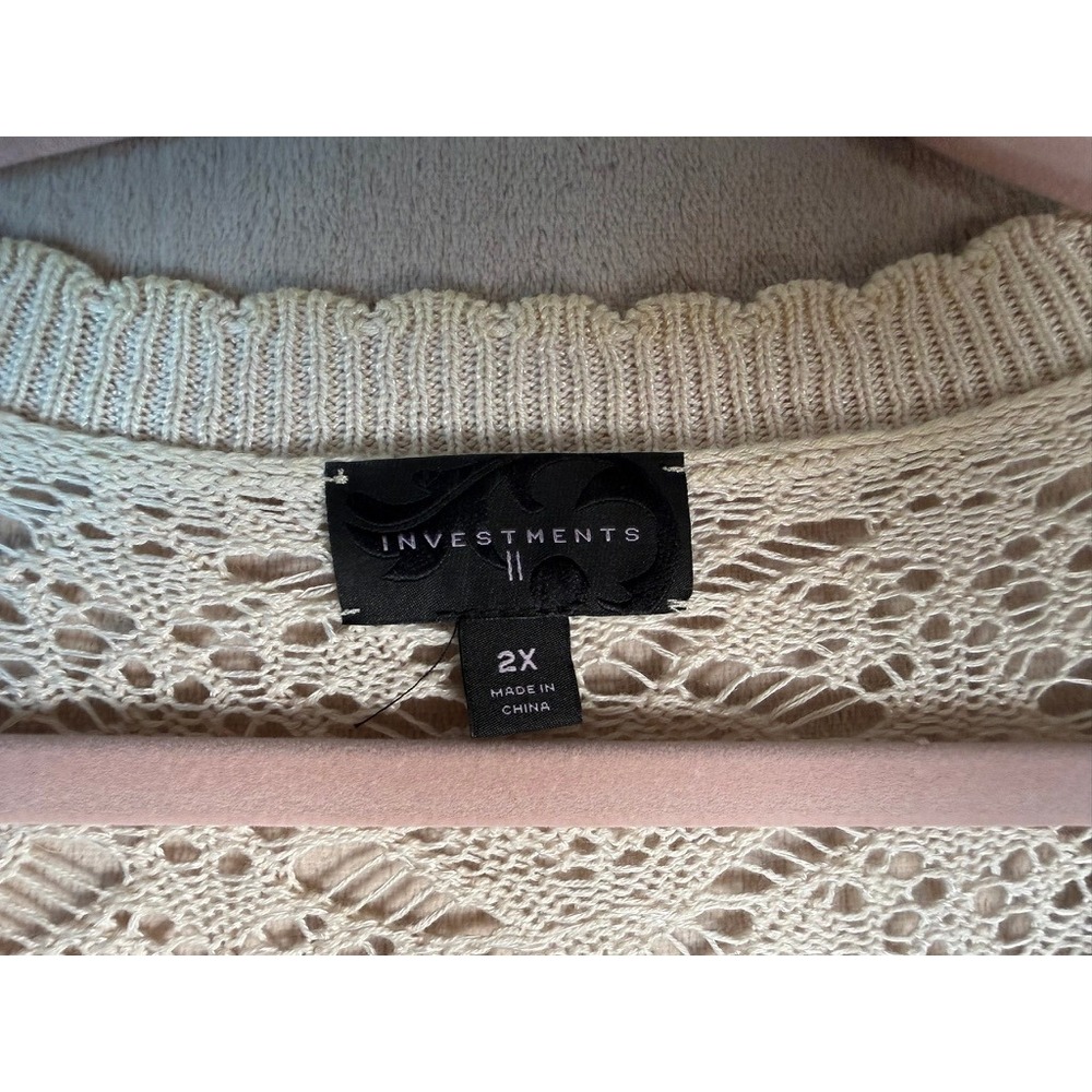 Investments Cardigan Women 2X Cream Excellent Crochet Pointelle Open Front Boho - Picture 3 of 7